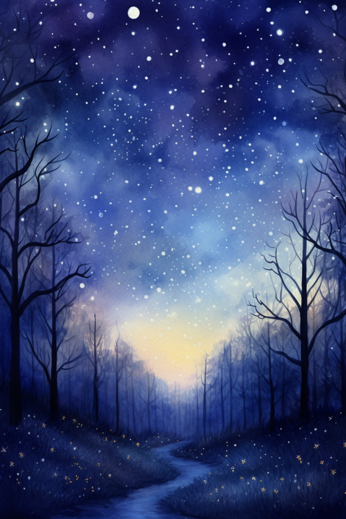 A watercolor painting of a forest with trees and stars.