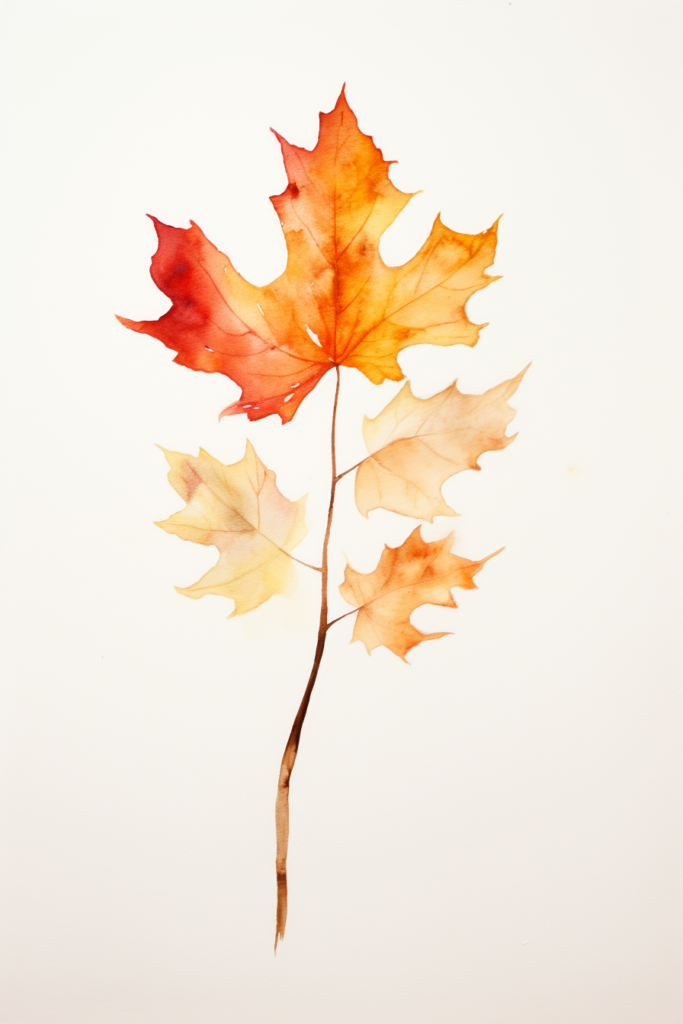 A watercolor painting of a maple leaf on a white background.