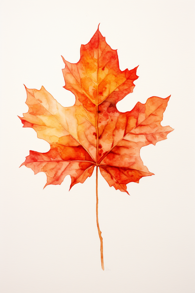 A watercolor painting of a maple leaf on a white background.