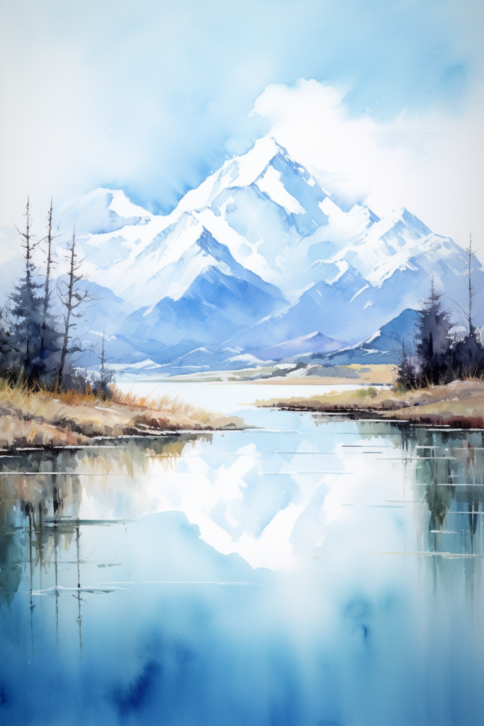 A watercolor painting of mountains reflected in a lake.