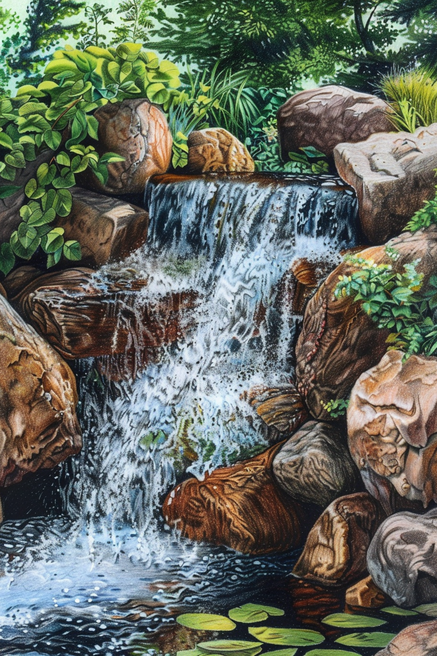 A painting of a waterfall with rocks and lily pads.