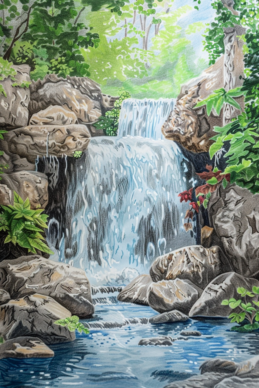 A painting of a waterfall in the woods.
