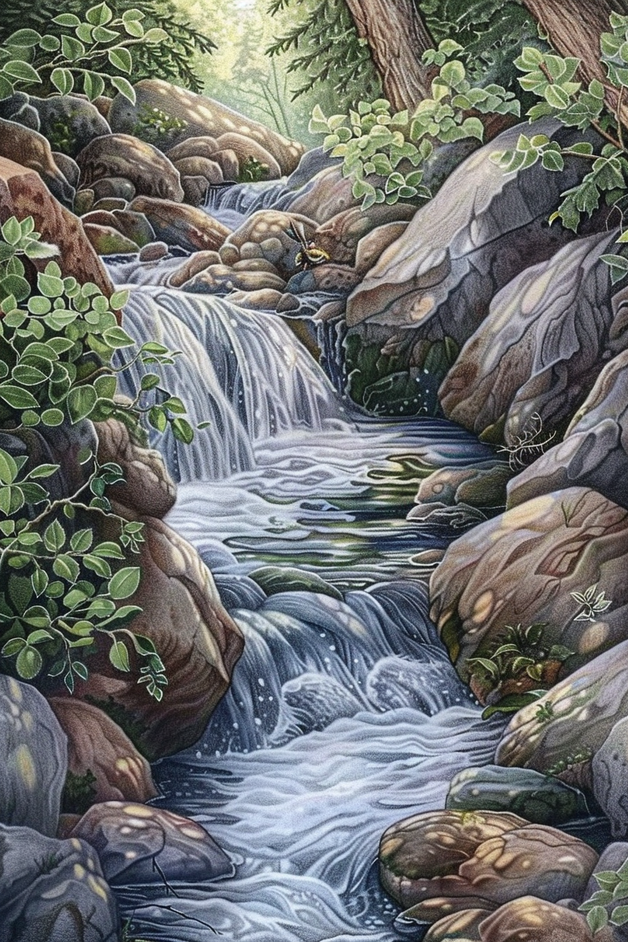 A painting of a stream in the woods.