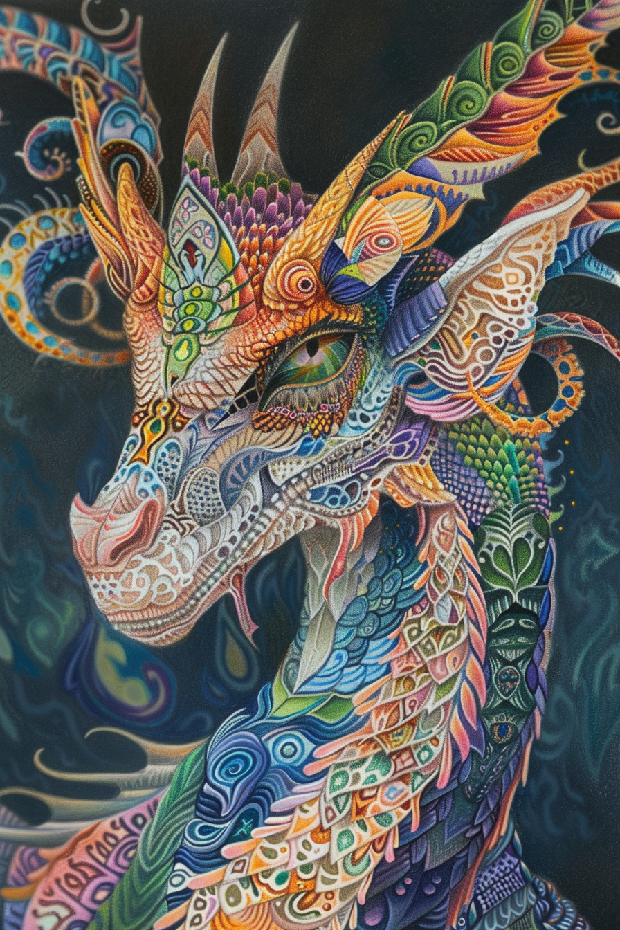 A painting of a colorful dragon on a dark background.
