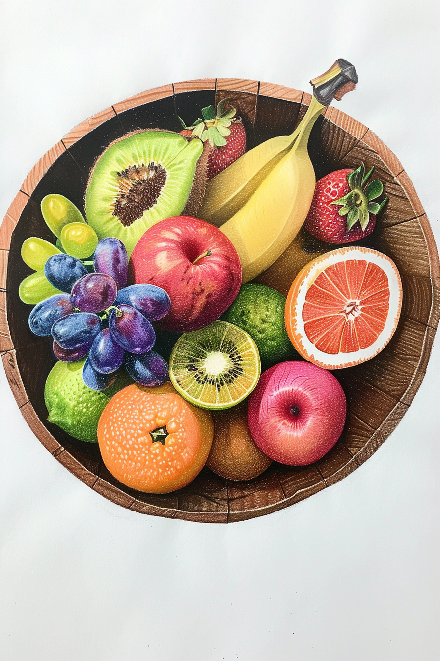 A drawing of fruit in a wooden bowl.