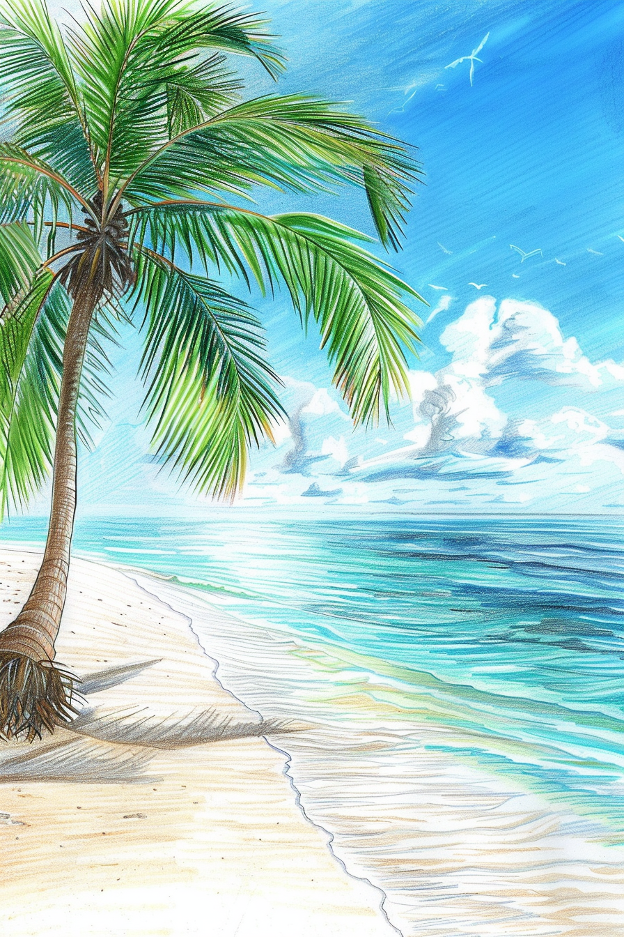 A drawing of a palm tree on a beach.