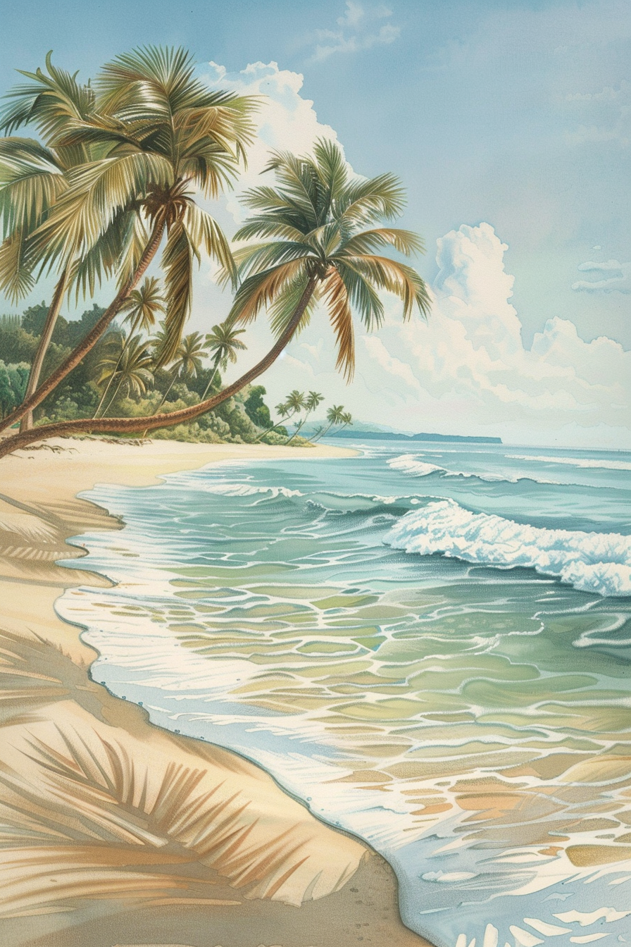 A painting of a beach with palm trees and waves.