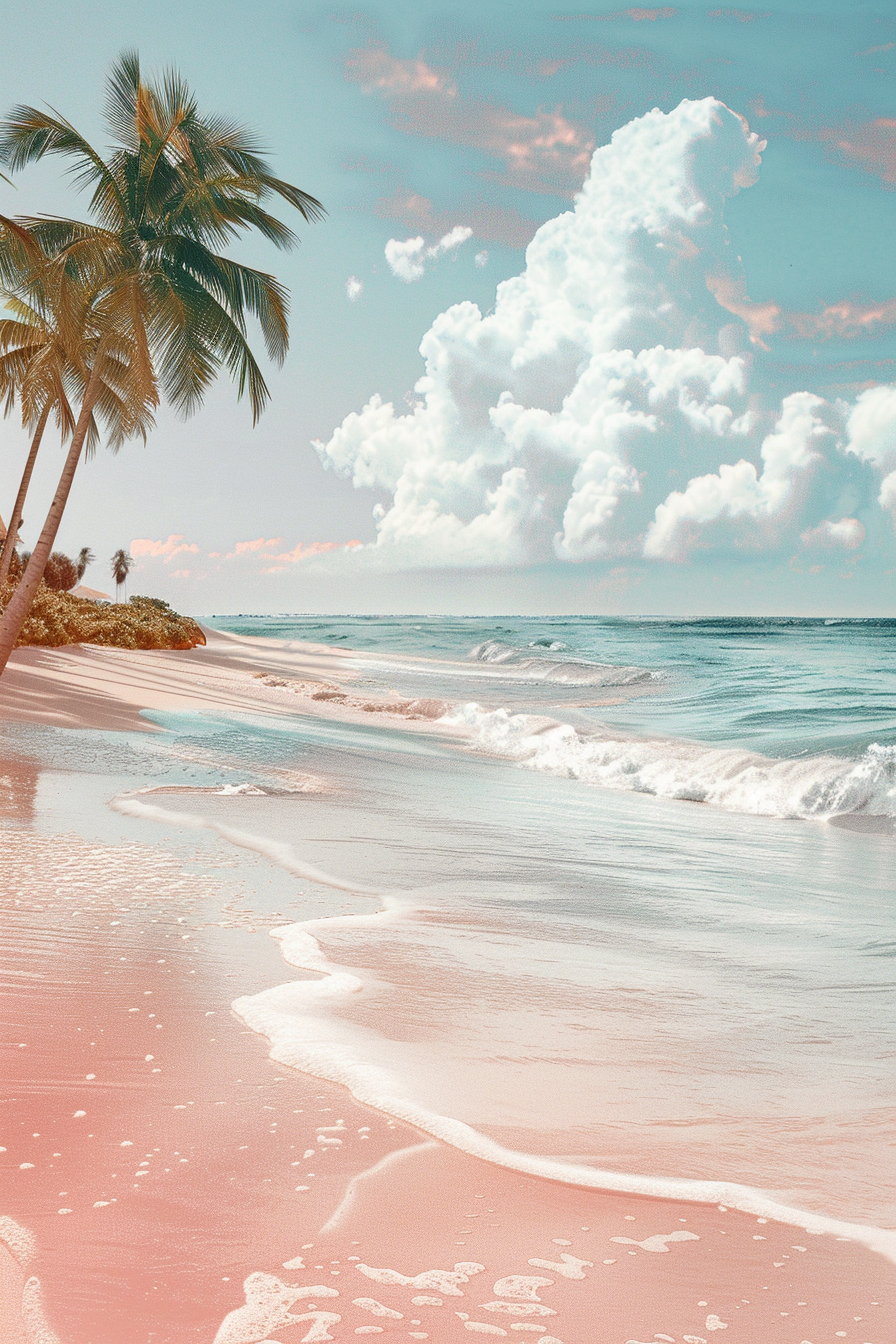 A painting of a beach with palm trees and pink sand.