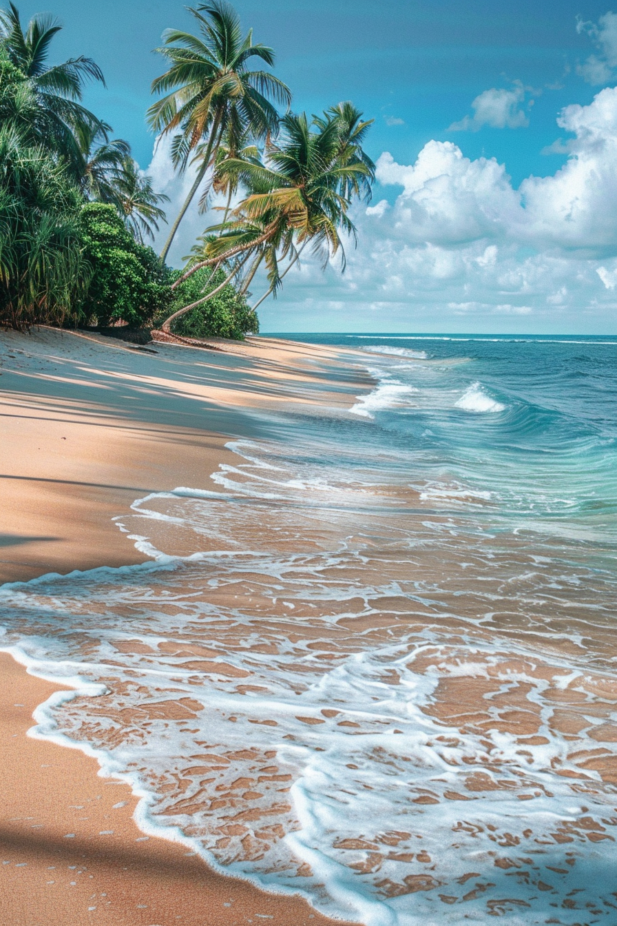 A sandy beach with waves and palm trees.