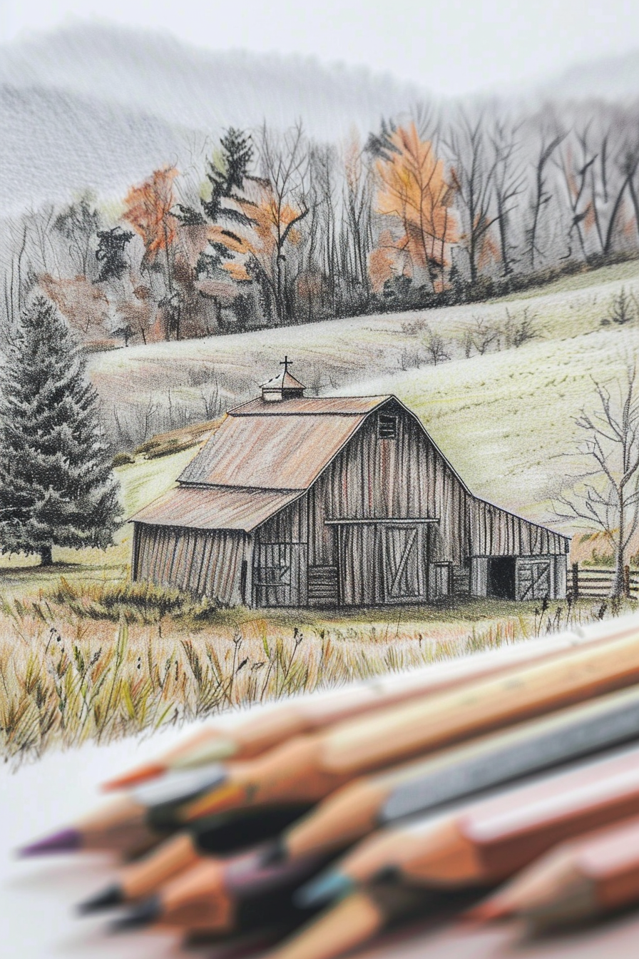 A drawing of a barn with colored pencils.