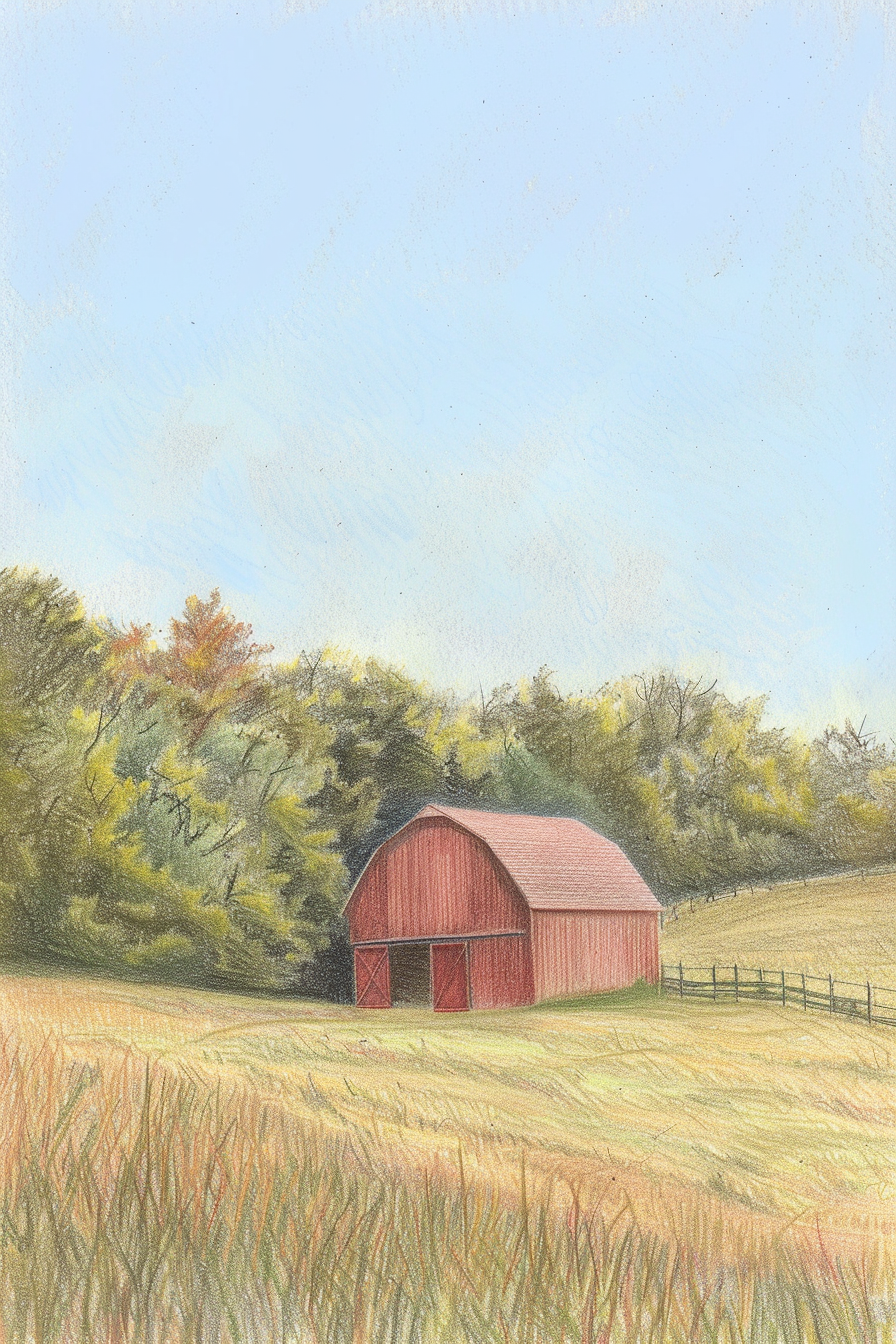 A painting of a red barn in a field.