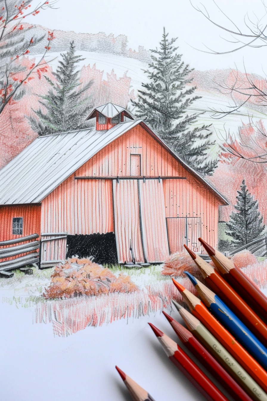 A drawing of a red barn with colored pencils.