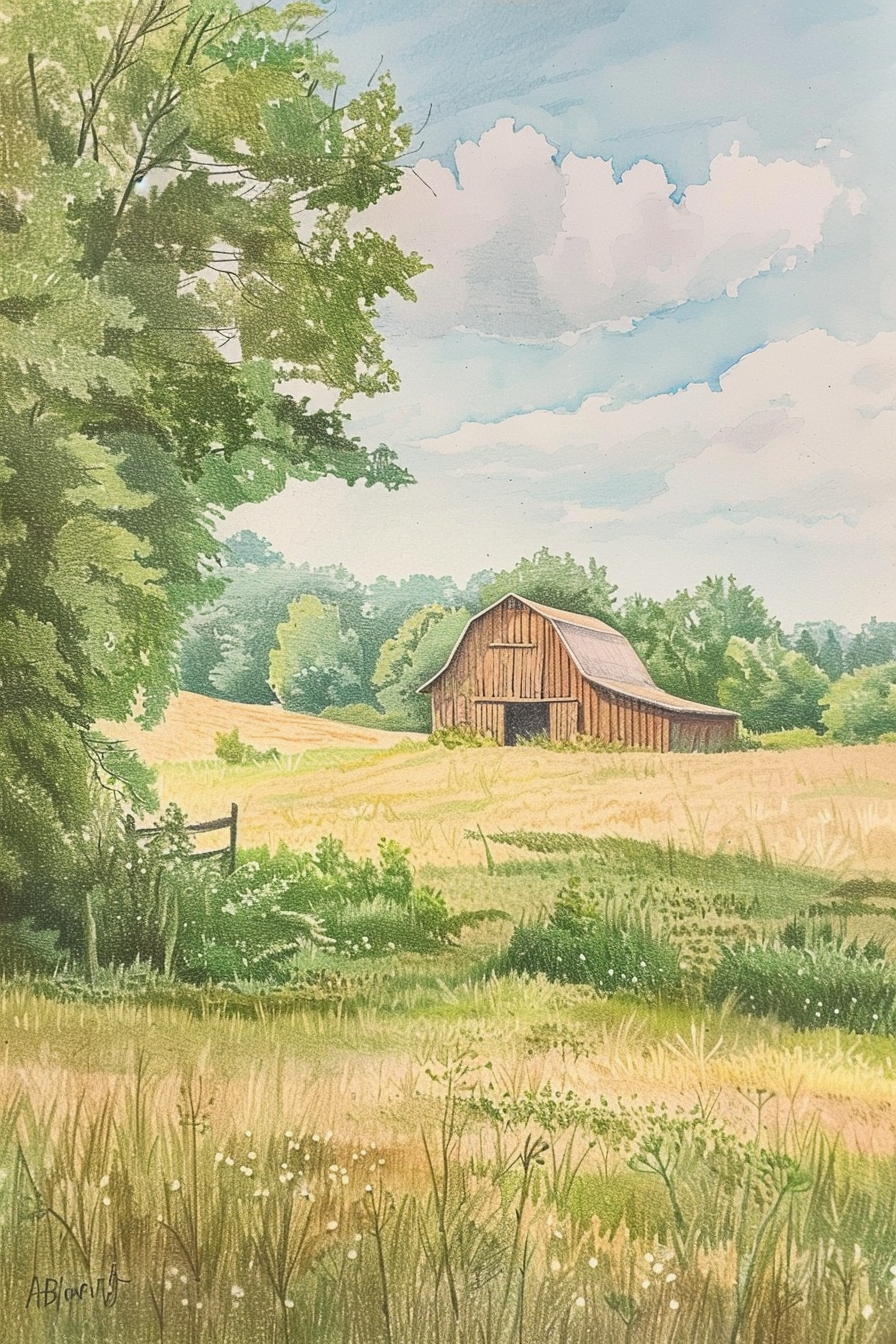 A watercolor painting of a barn in a field.