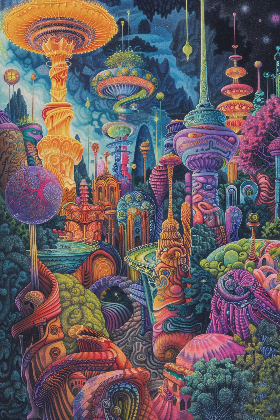 A painting of a psychedelic city at night.