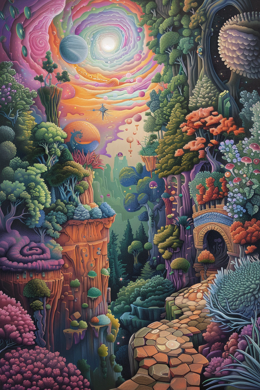 A painting of a forest filled with colorful plants and trees.