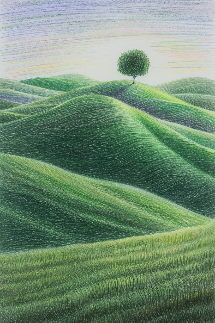 A drawing of a lone tree on a green hill.