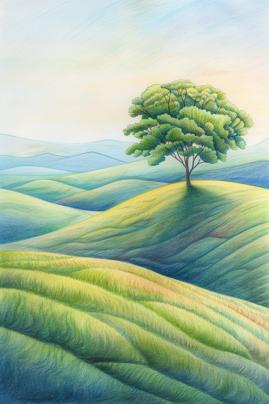 A painting of a tree on a hill.