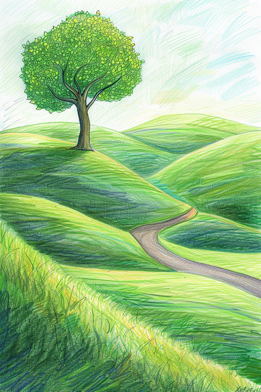 A drawing of a green hill with a tree on it.