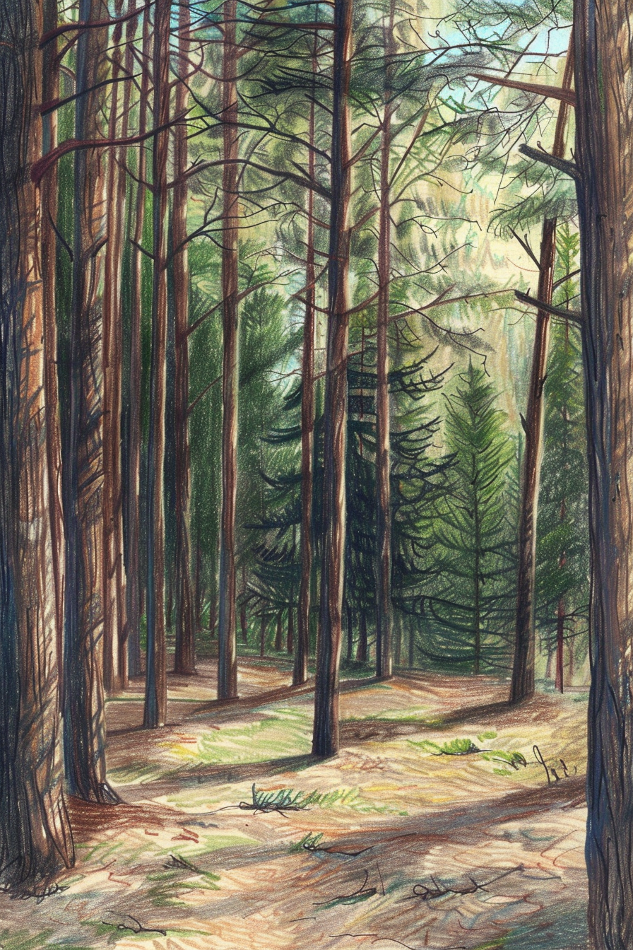 A drawing of a forest with trees in the background.