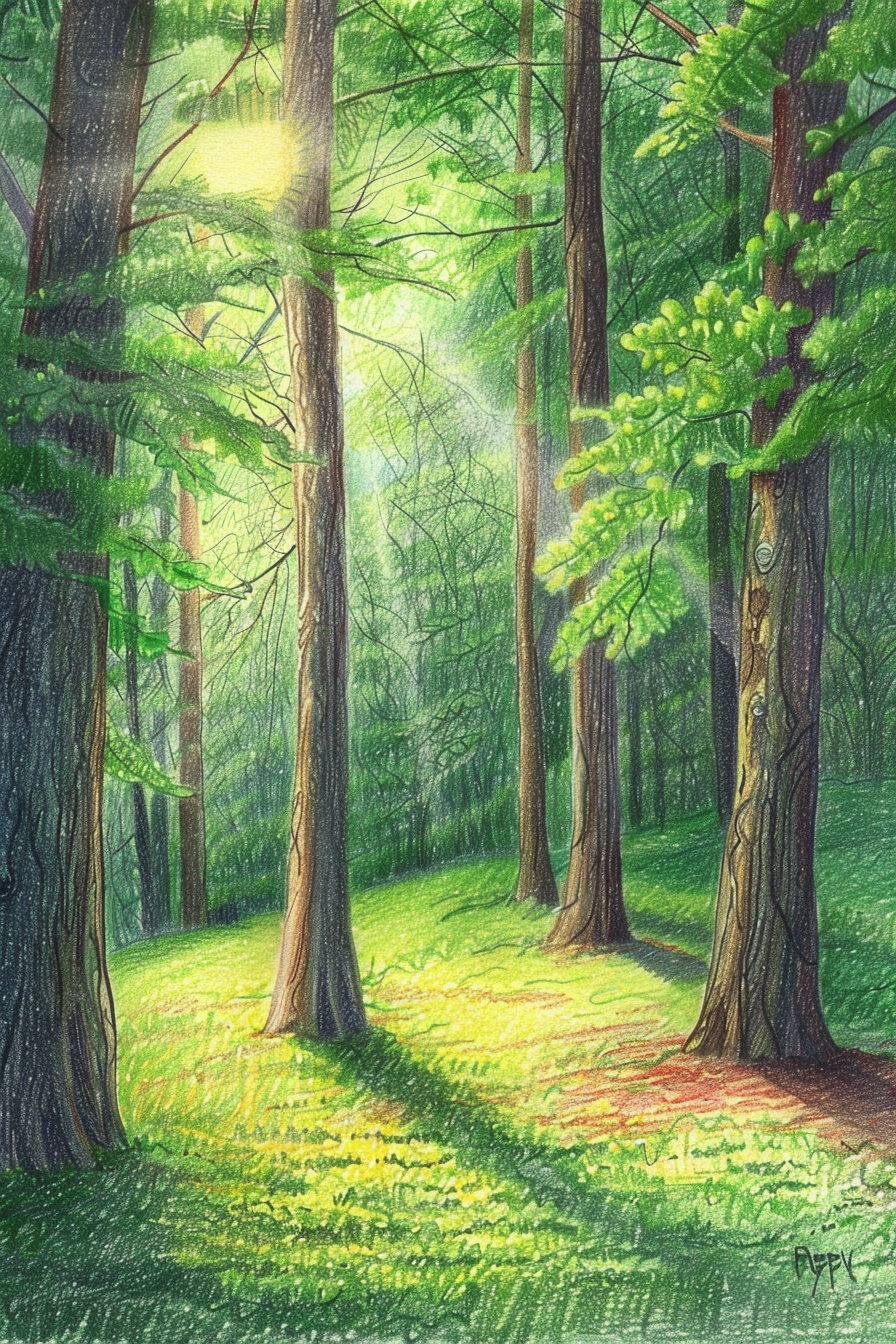 A drawing of a forest with sunlight shining through the trees.
