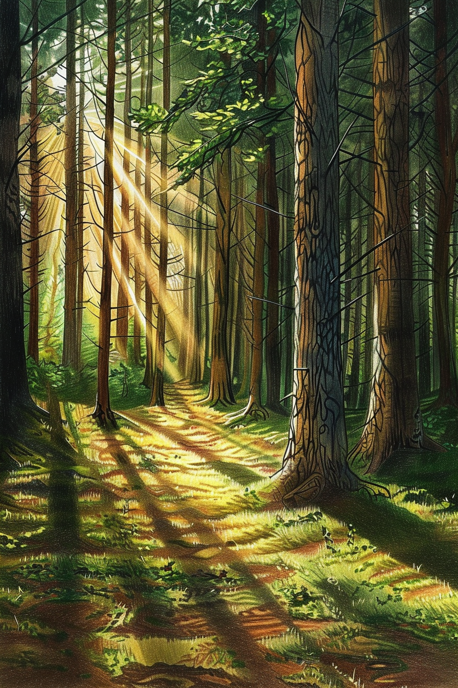A painting of a forest with sunlight shining through the trees.