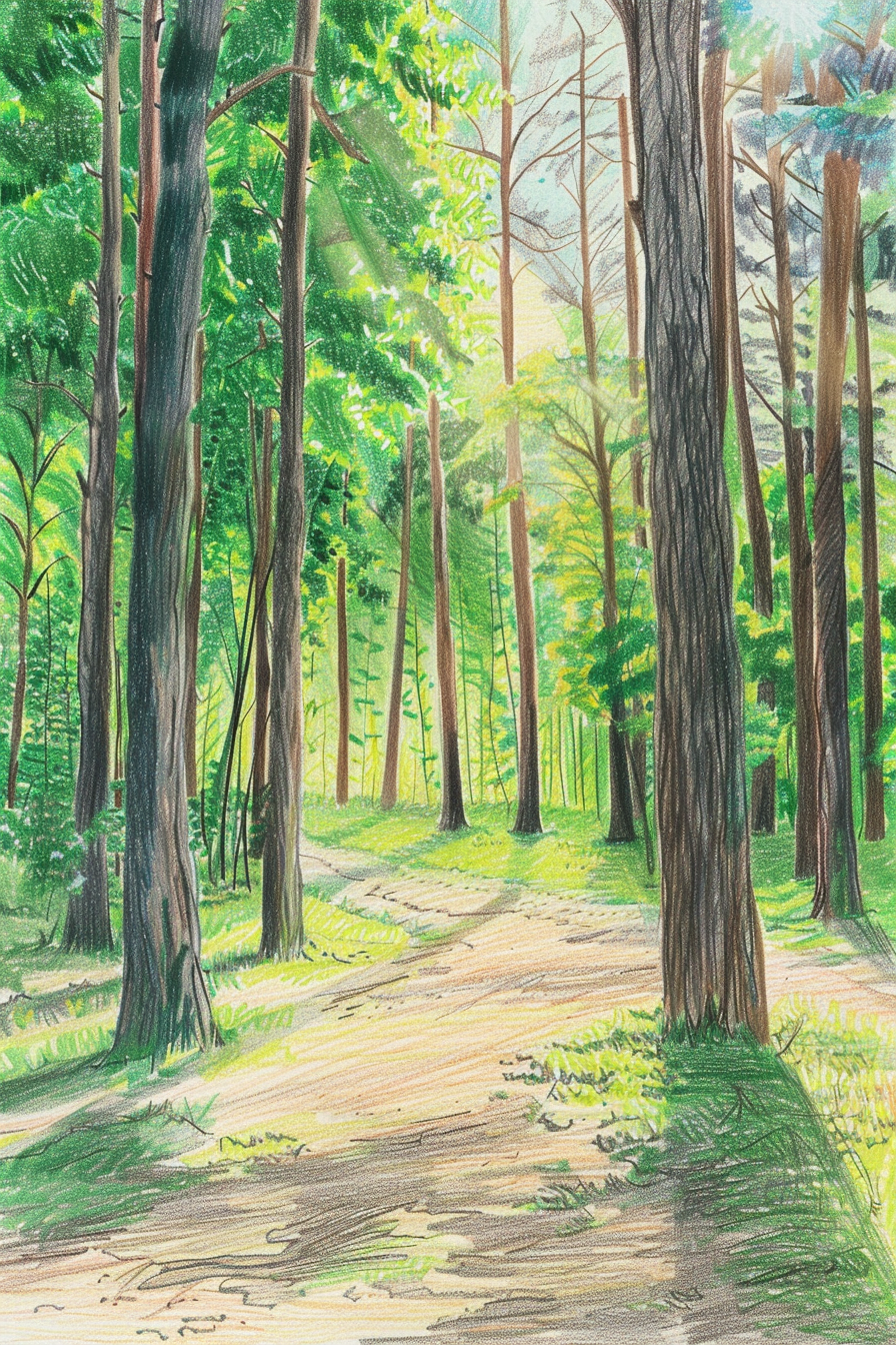 A drawing of a path through a forest.