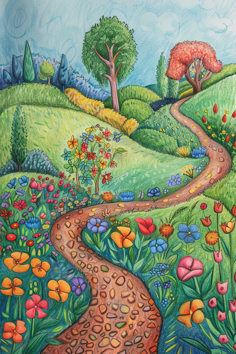 A colorful painting of a path through a flower garden.