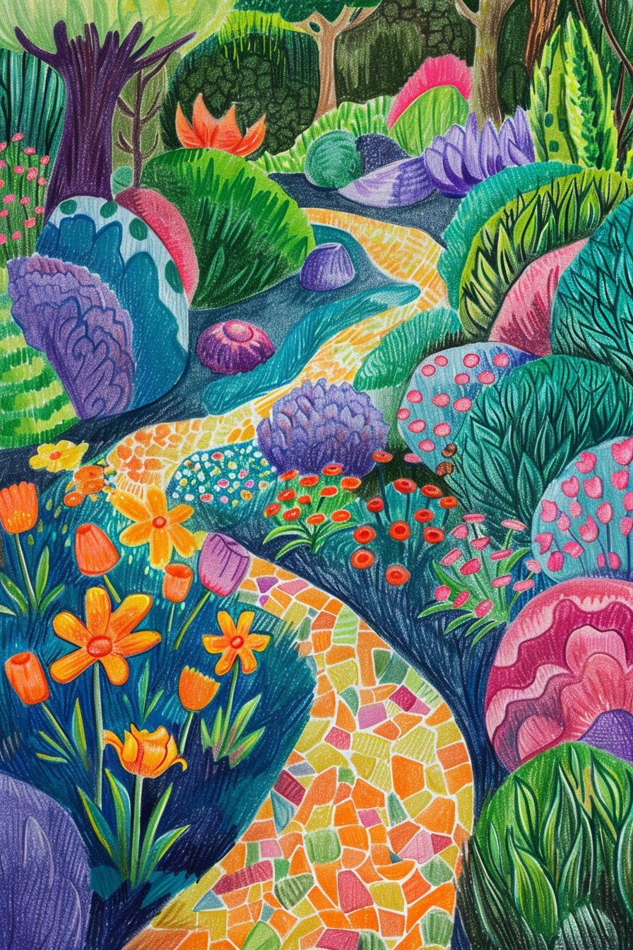 A colorful painting of a path in a garden.