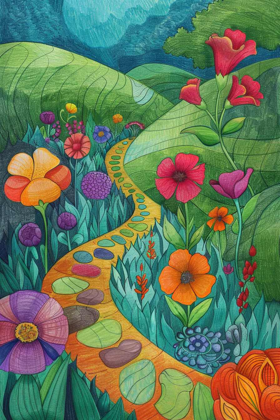 A colorful painting of a path through colorful flowers.