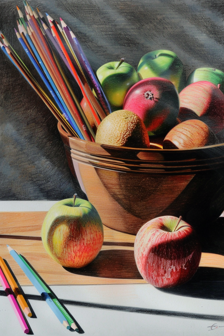 A drawing of apples and pencils in a bowl.