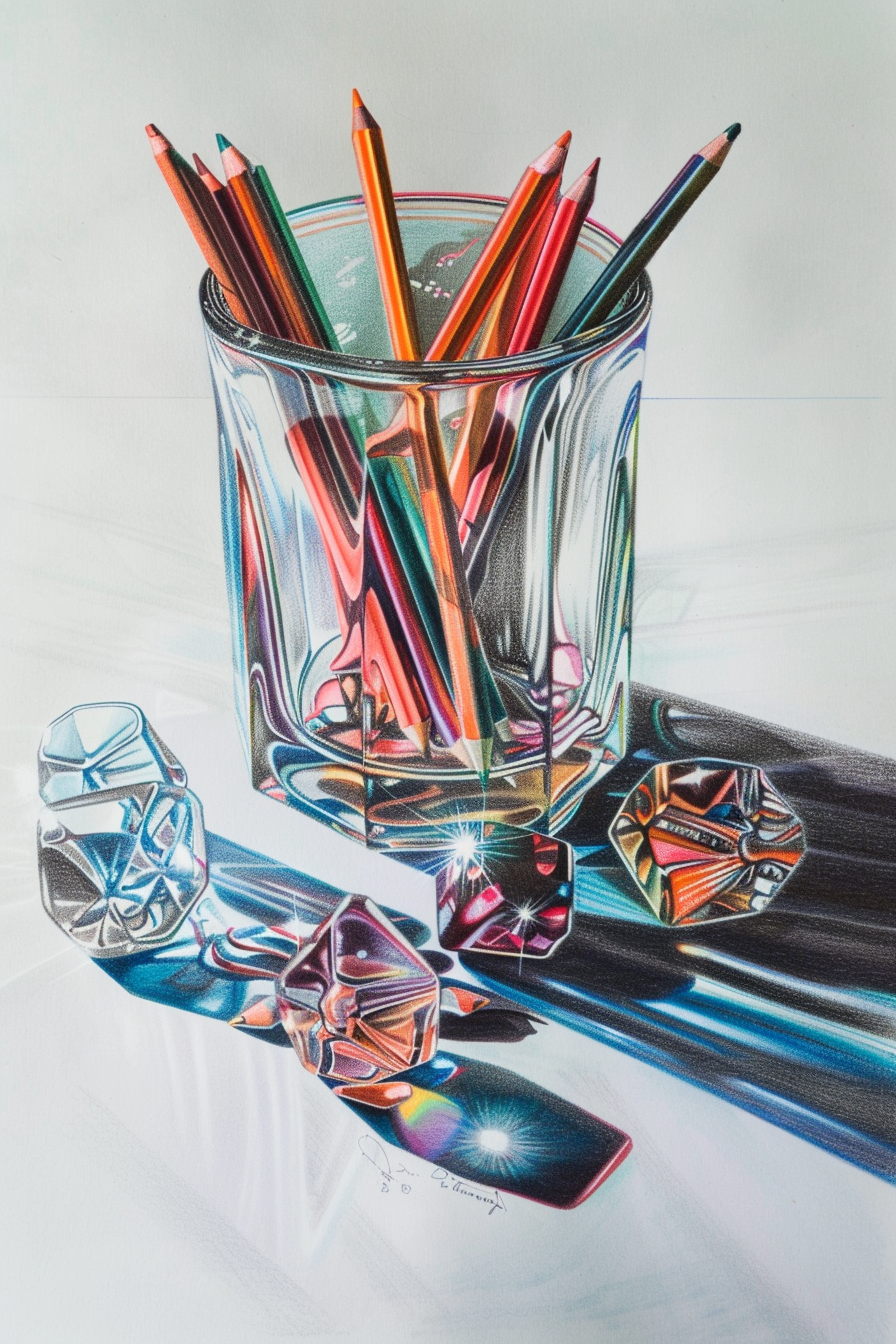 A drawing of colored pencils in a glass.