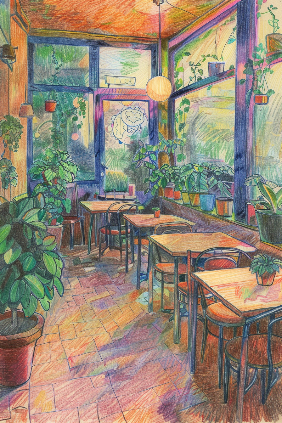 A drawing of a cafe with tables and potted plants.