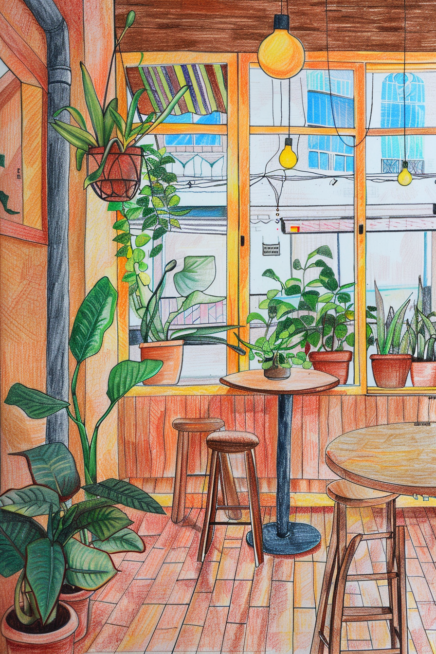 A drawing of a coffee shop with potted plants.
