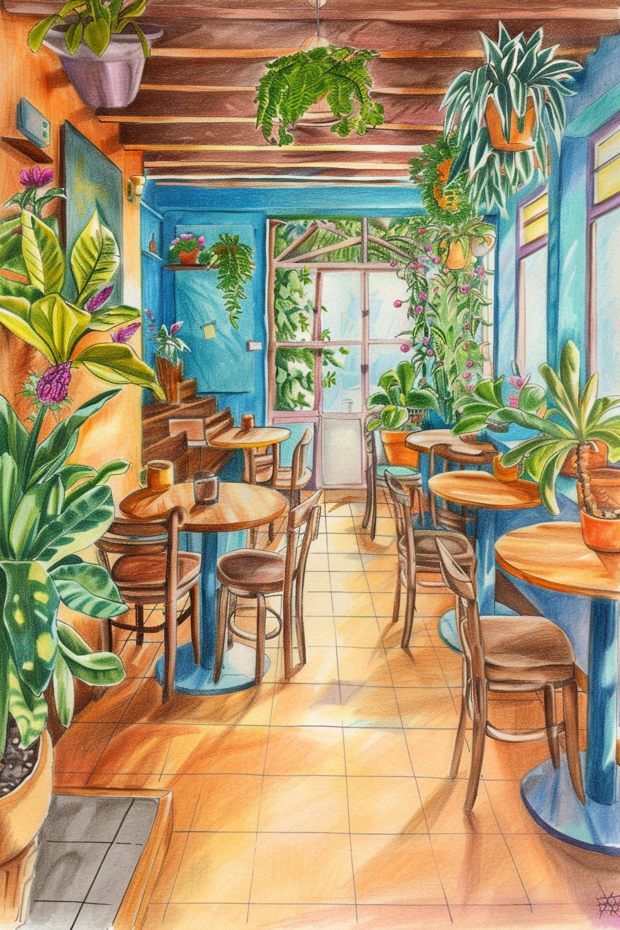 A watercolor painting of a cafe with potted plants.