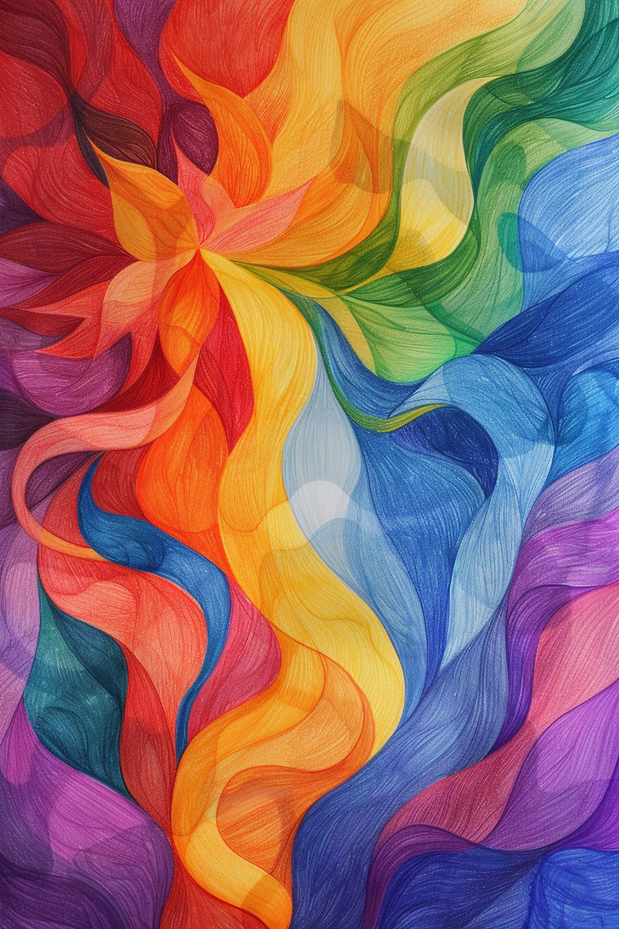A colorful abstract painting of a woman with wavy hair.