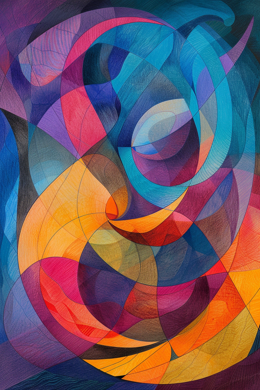 A colorful abstract painting of a swirling shape.