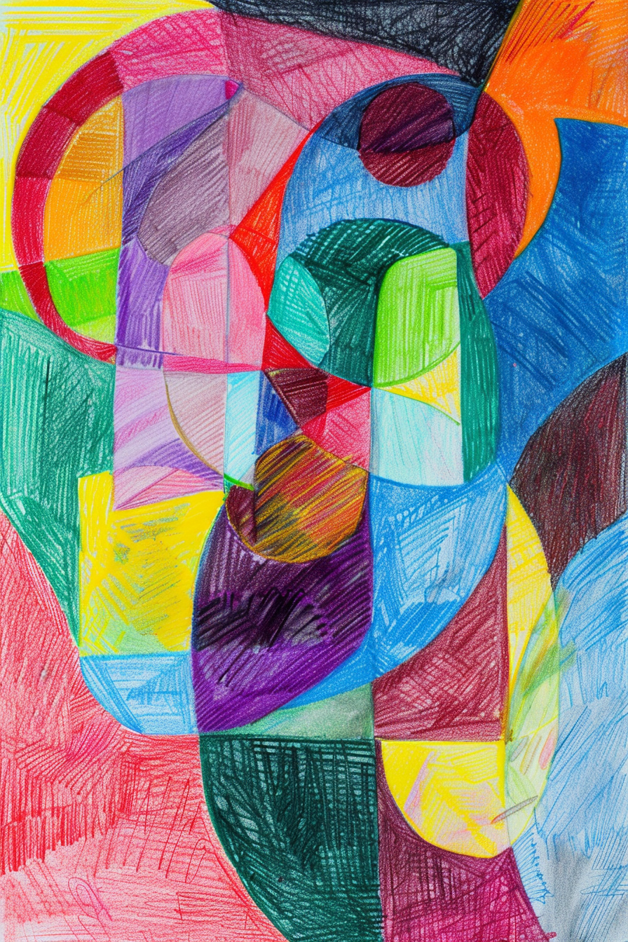 A child's drawing of colorful shapes.