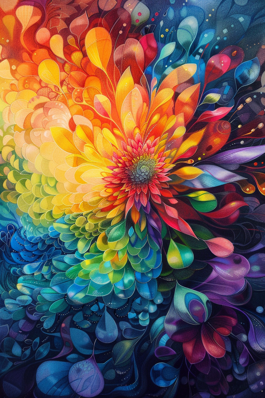 An abstract painting of a colorful flower.