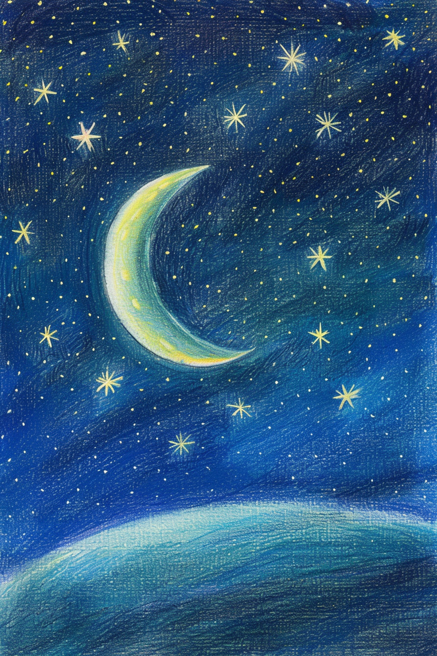 A drawing of a moon and stars in the sky.