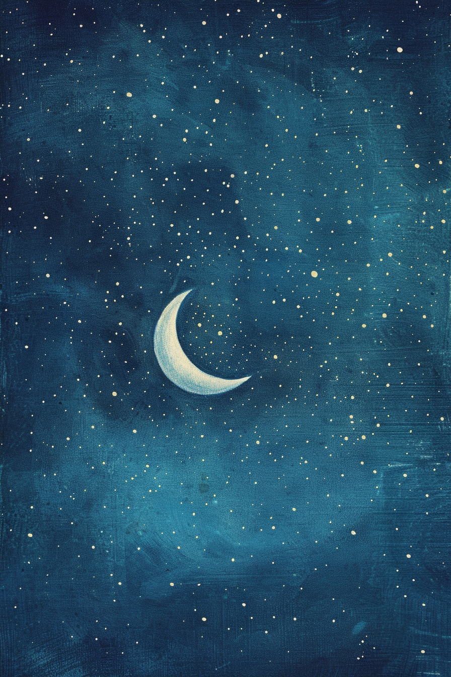 A painting of a crescent in the night sky.