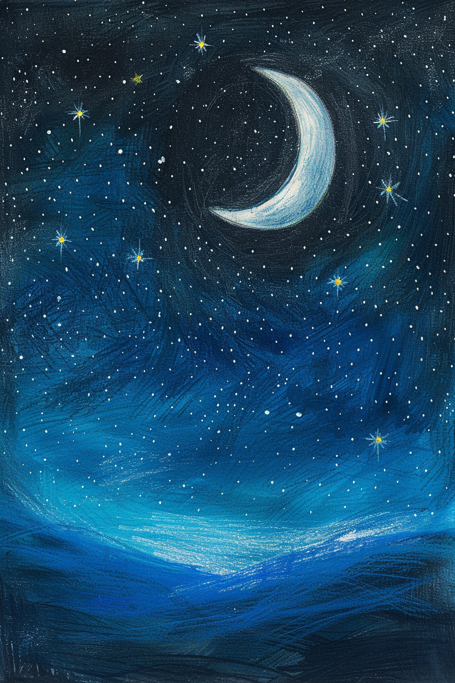 A painting of a blue sky with stars and a crescent.
