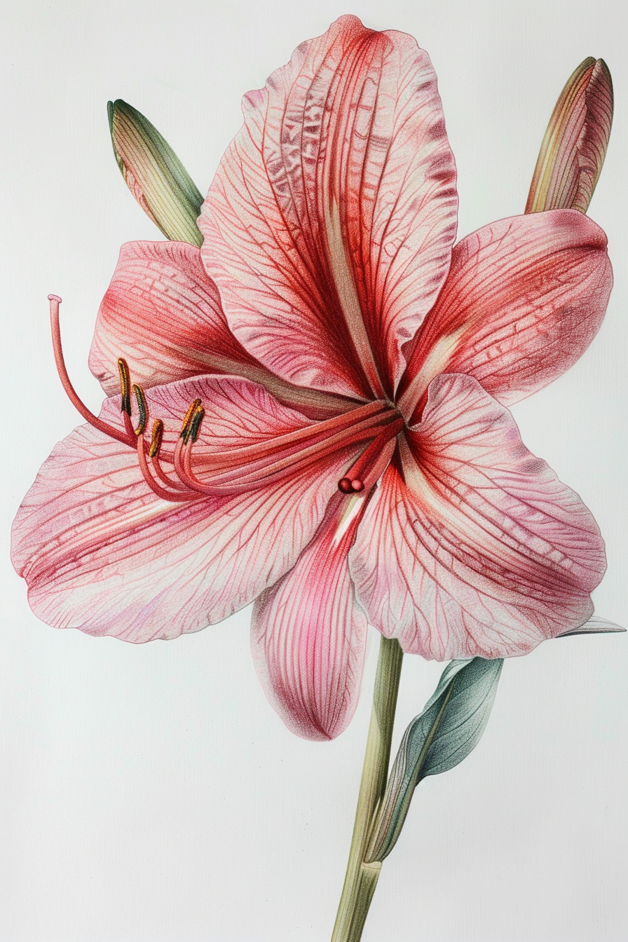 A drawing of a pink lily on a white background.