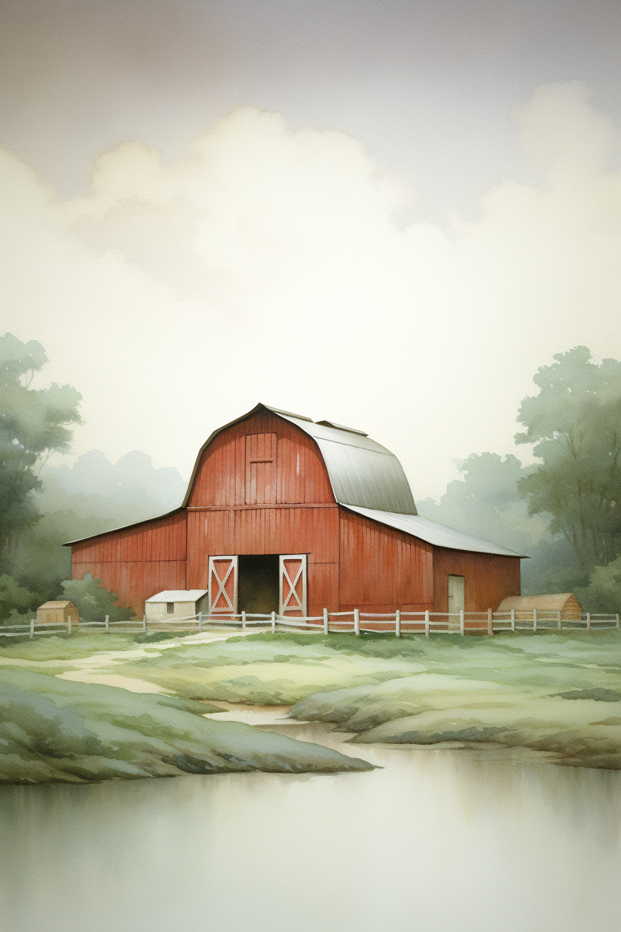 A painting of a red barn next to a pond.