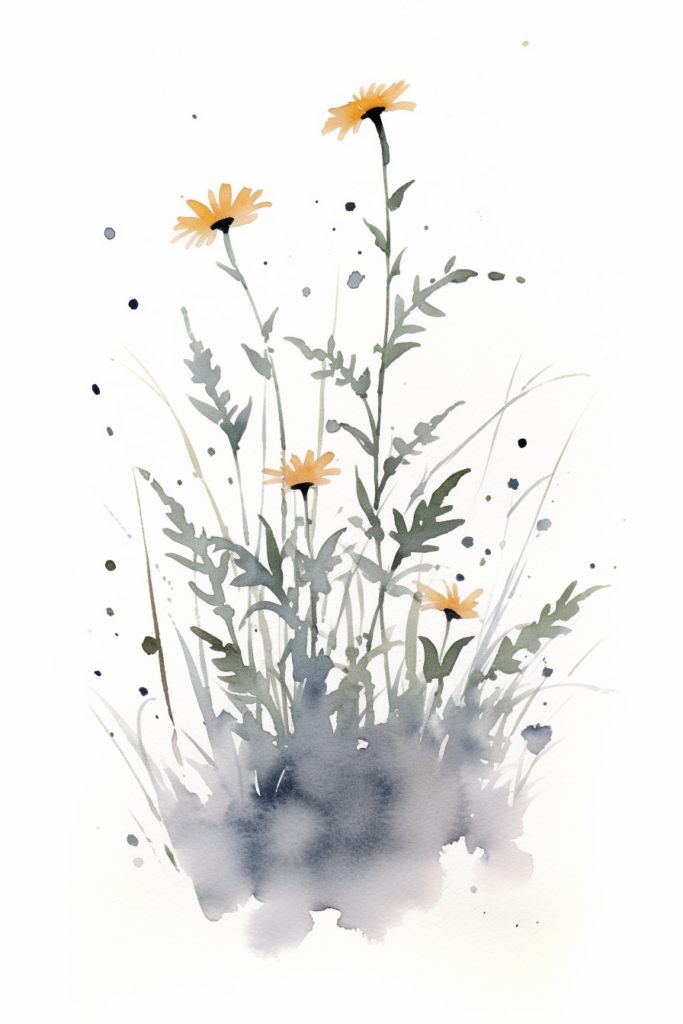 A watercolor painting of yellow daisies on a white background.
