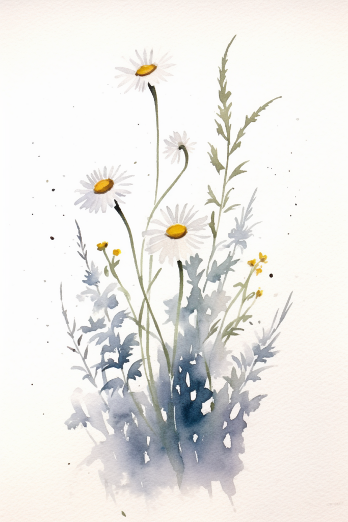 A watercolor painting of daisies on a white background.