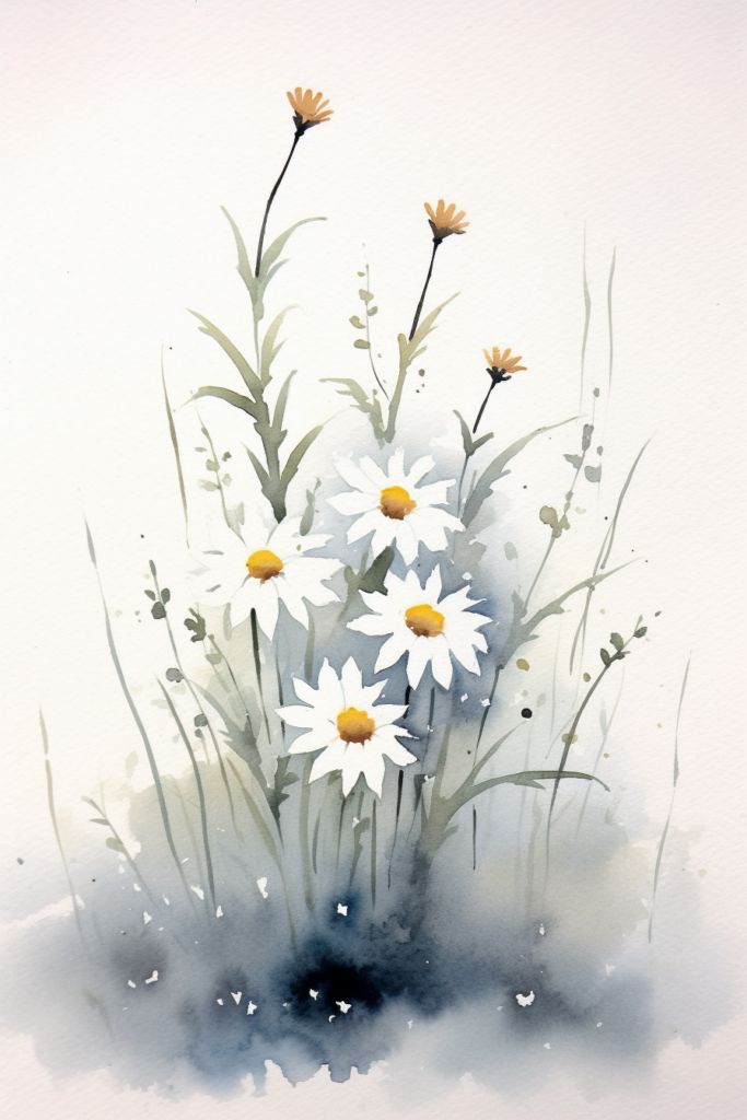 A watercolor painting of daisies in the grass.