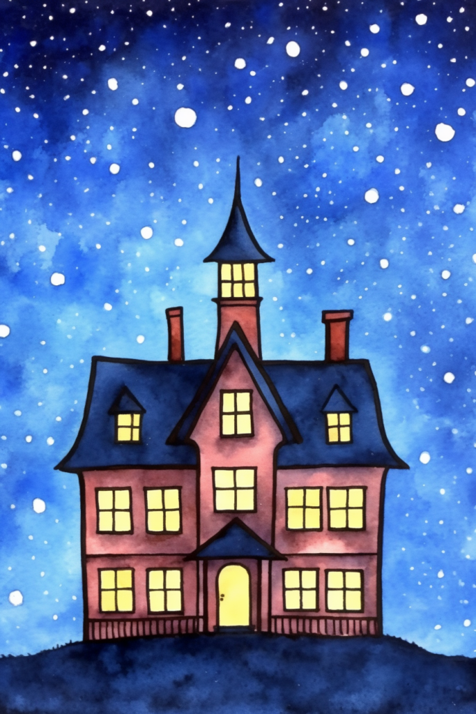 A watercolor illustration of a house at night.