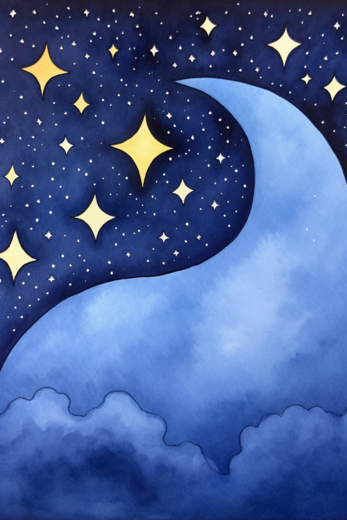 A watercolor painting of a crescent and stars in the sky.