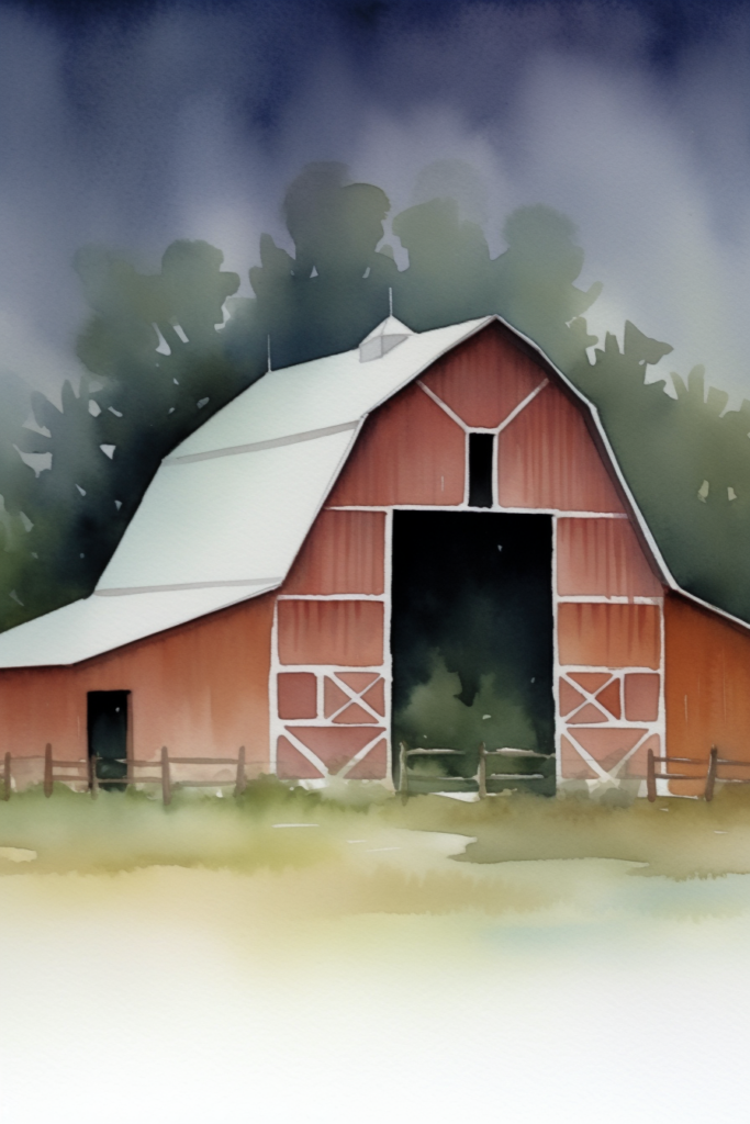 A painting of a red barn in the countryside.