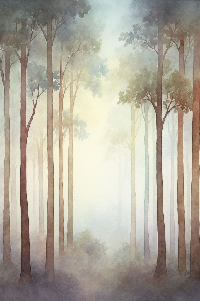A watercolor painting of a foggy forest.